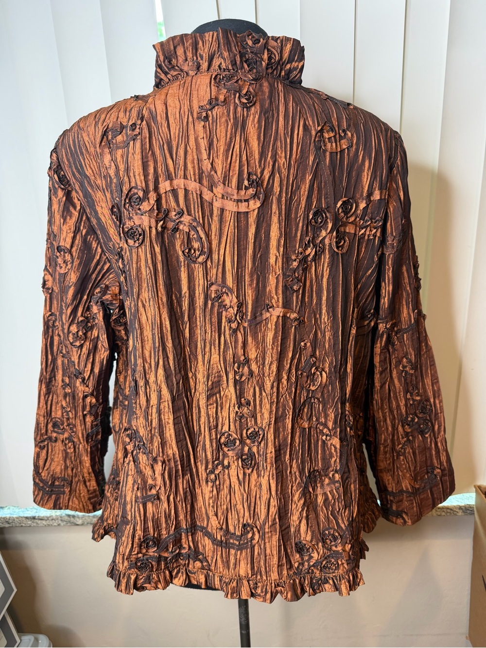 Goldwater Creek Ruffled Textured Metallic Copper Jacket Rhinestone Buttons SZ 20 - Picture 6 of 8